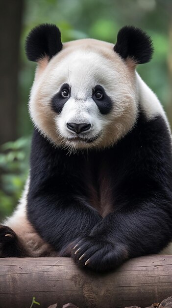 A panda bear sits in a forest.