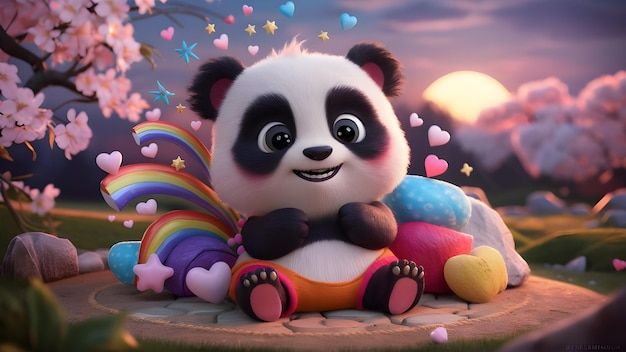 パンダのクマが心の虹の前に座っている