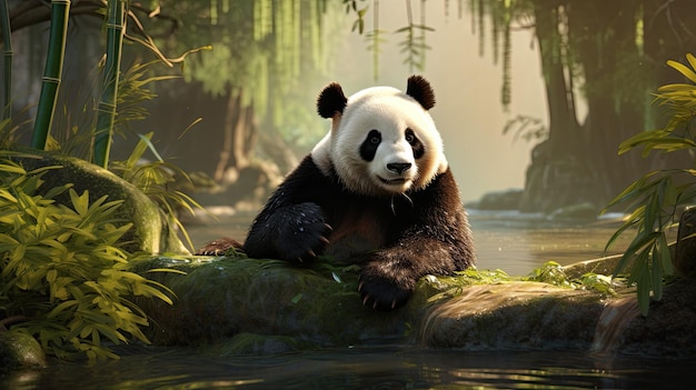 a panda bear sits on a log in a forest.