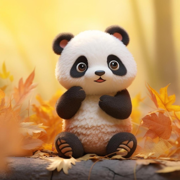 A panda bear sits in a pile of leaves.