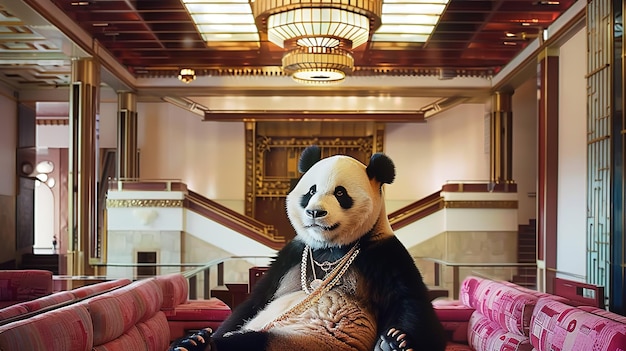 Photo a panda bear sits on a pink couch with a pink chair