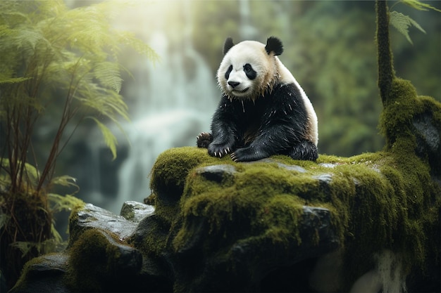 A panda bear sits on a rock in a forest