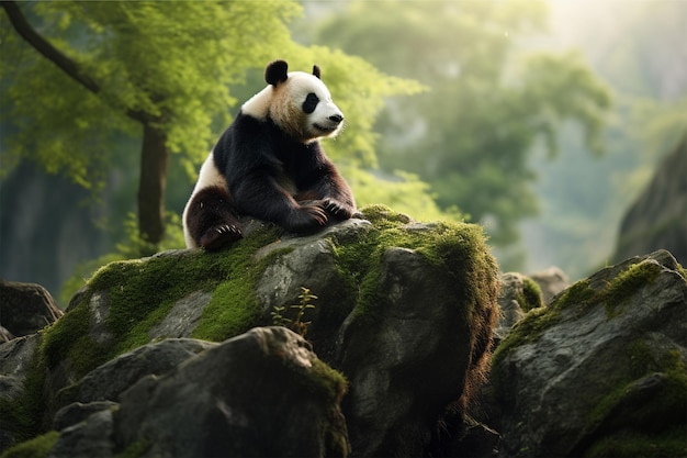 A panda bear sits on a rock in a forest