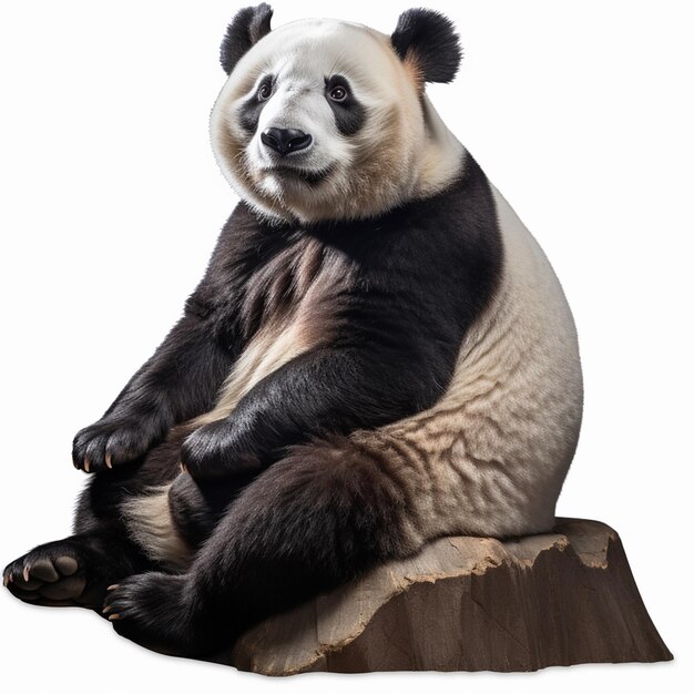 A panda bear sits on a rock with a white background