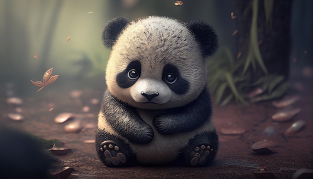 A panda bear sits on a stone with a leaf on the ground.