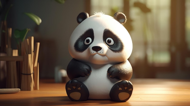 A panda bear sits on a table in a room with a plant in the background.