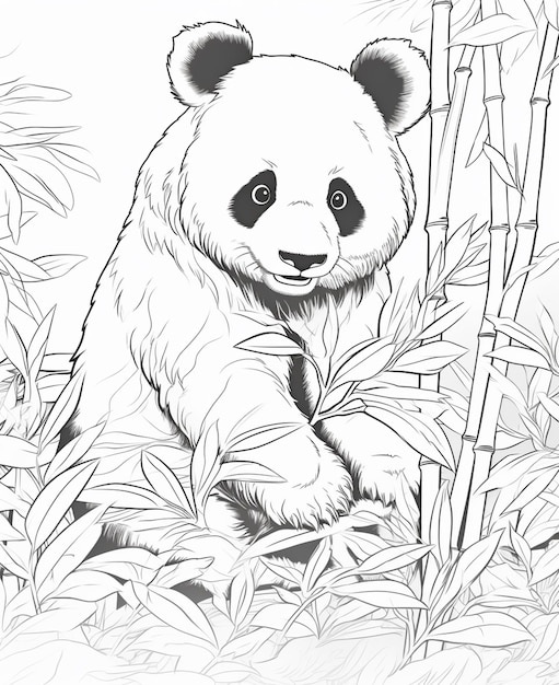 Panda bear sitting in the bamboo tree with his paws on the ground generative ai