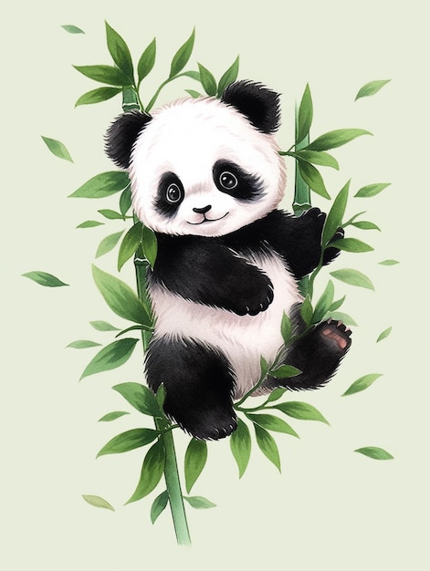 Panda bear sitting on a branch of a tree with green leaves generative ai