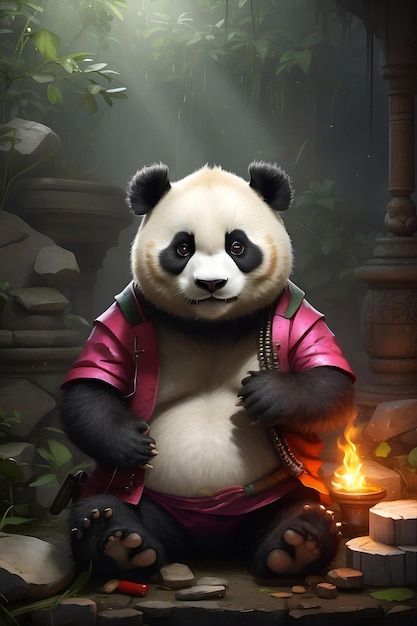 Panda Bear Sitting by Fire