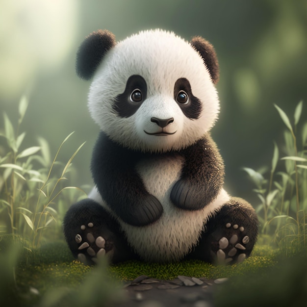 A panda bear sitting in a forest with a green background.