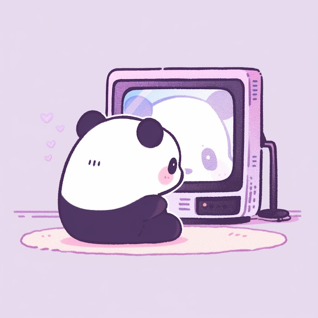 パンダクマがテレビの前で心臓をつけて座っている