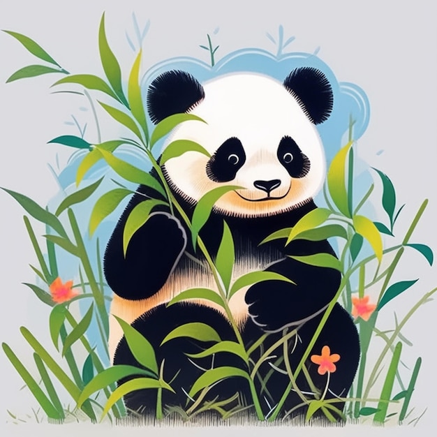 Panda bear sitting in the grass with flowers and leaves generative ai