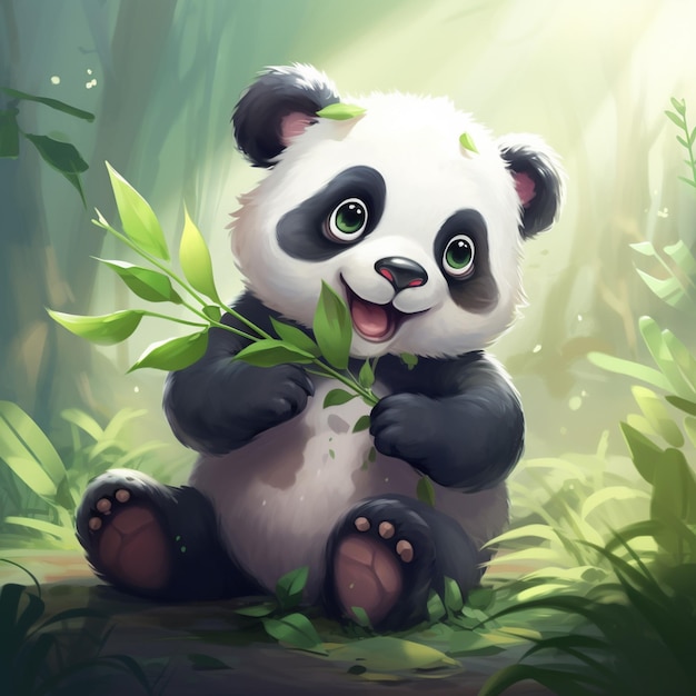 panda bear sitting on the ground with a bamboo branch in its mouth generative ai