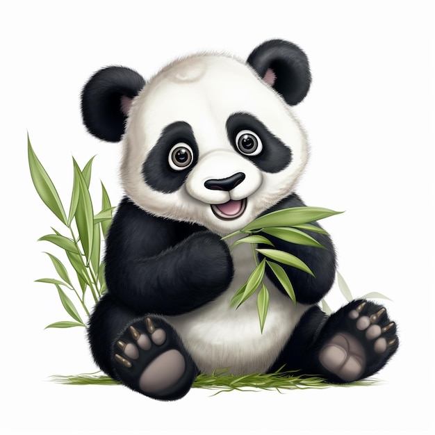 Panda bear sitting on the ground with a bamboo plant in its mouth generative ai