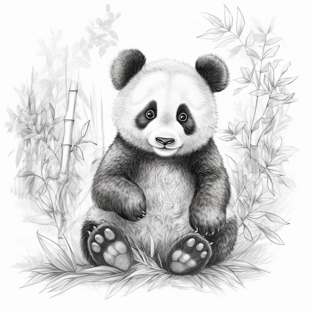 Foto orso panda seduto a terra con piante di bambù sullo sfondo ai generativo