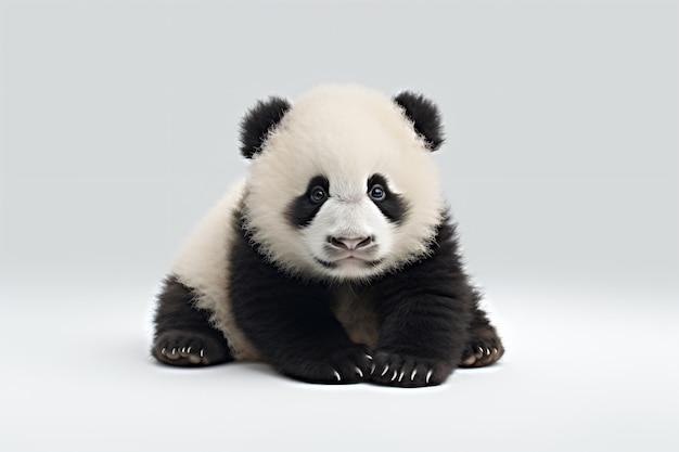 발을 꼬고 땅에 앉아 있는 팬더 곰