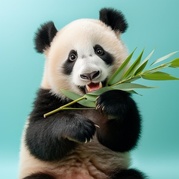 Foto orso panda seduto sulle zampe posteriori mangiando una foglia di bambù