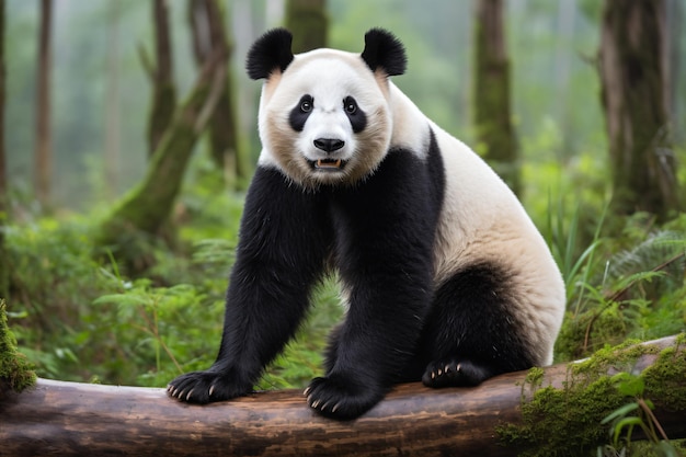 a panda bear sitting on a log in the woods