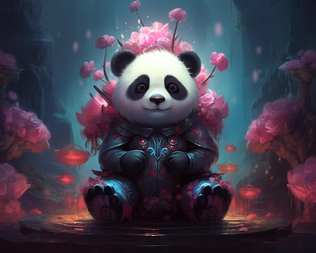 panda bear sitting on a platform with flowers in its hair generative ai