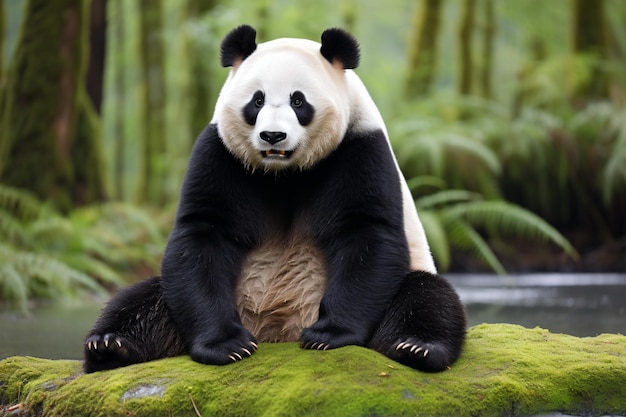 a panda bear sitting on a rock in a forest