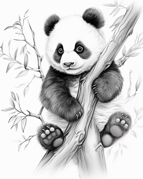 Панда-медведь сидит на ветке дерева с листьями и ветвями.