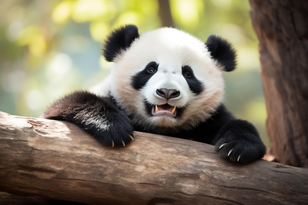 a panda bear sitting on a tree branch