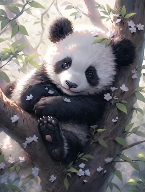 Panda bear sitting in a tree with white flowers and green leaves generative ai