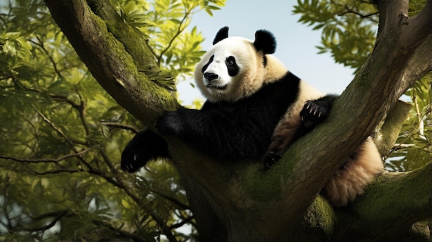 Panda bear sitting in tree