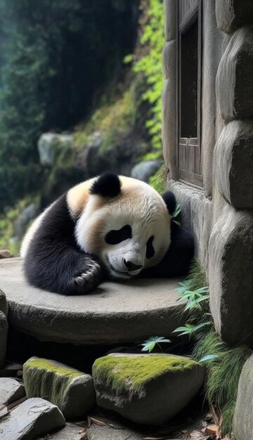 A panda bear sleeps in a stone enclosure.