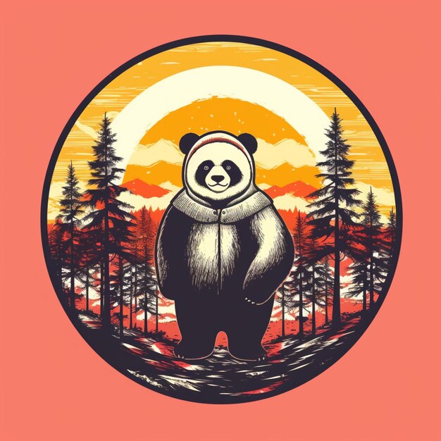 Photo a panda bear standing in the middle of a forest with a sunset behind it generative ai