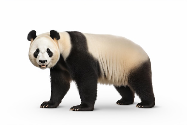 a panda bear standing on a white surface