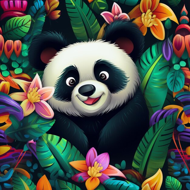 Foto orso panda circondato da piante tropicali e fiori in una giungla generativa ai