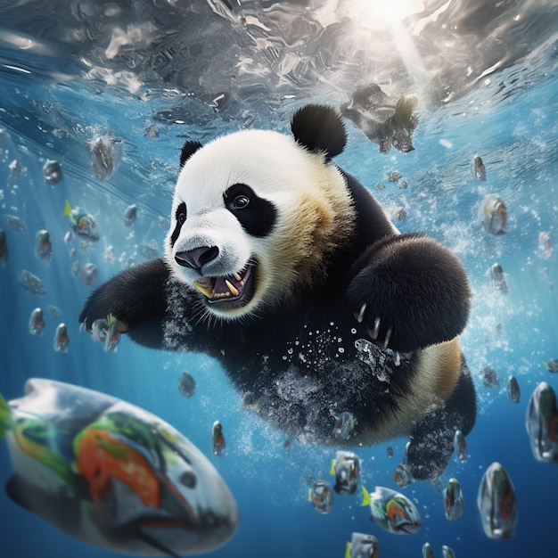 panda bear swimming in the water with a lot of fish generative ai