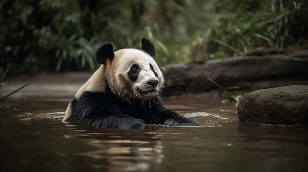 A panda bear swims in a river.