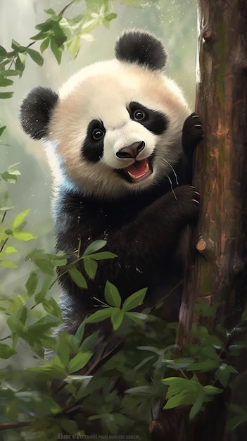 a panda bear in a tree with green leaves.