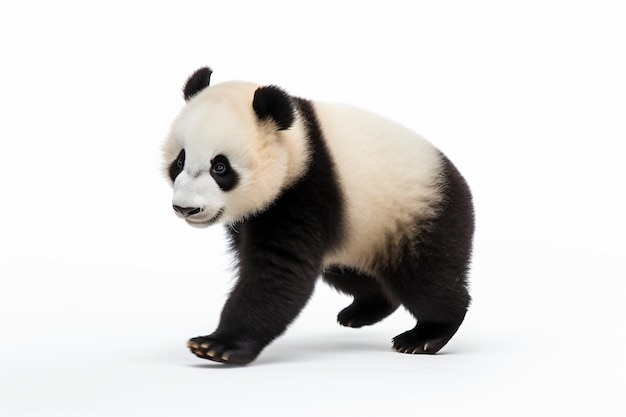 a panda bear walking across a white surface