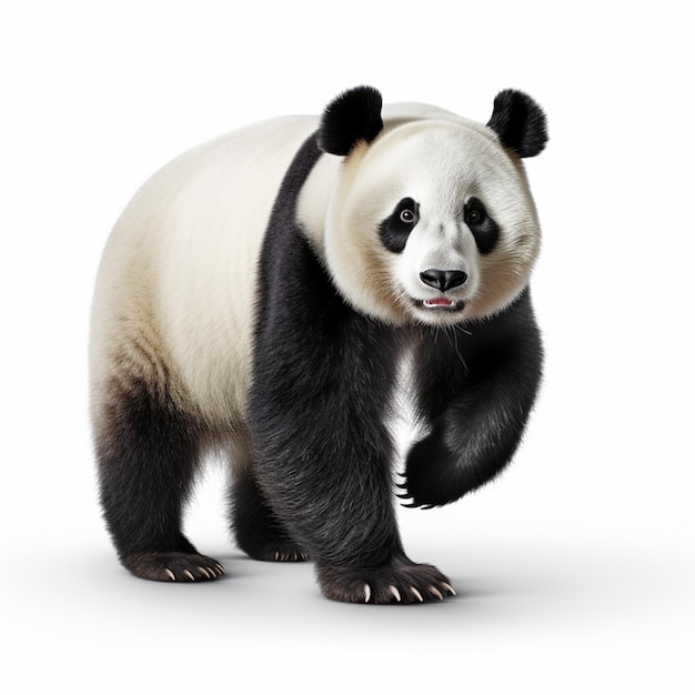 Panda bear walking on white background with black legs and black eyes generative ai