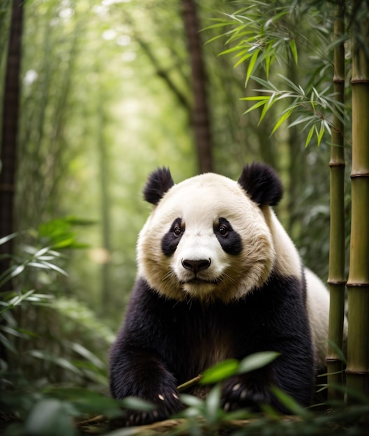 Медведь панда бродит в одиночестве по лесу