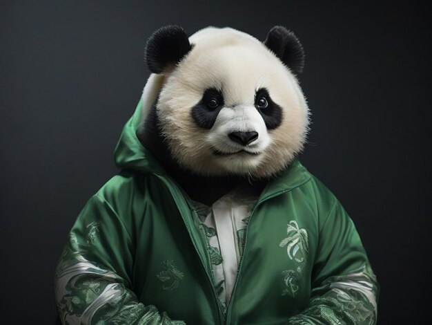 Photo a panda bear wearing a green address