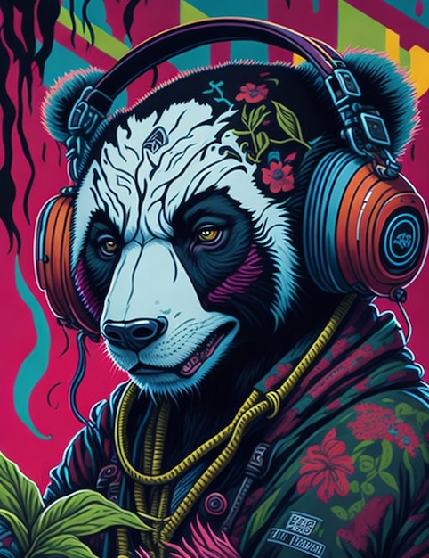 Фото Медведь-панда носит наушники и носит навушники с брызгами краски.