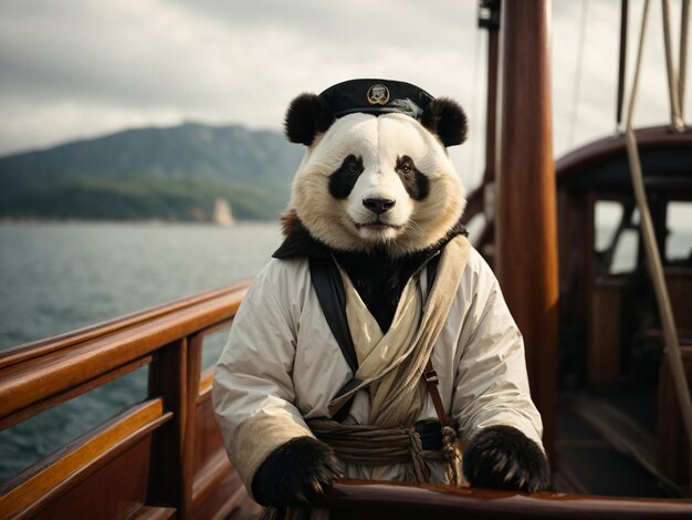 a panda bear wearing a pirate costume is on a boat