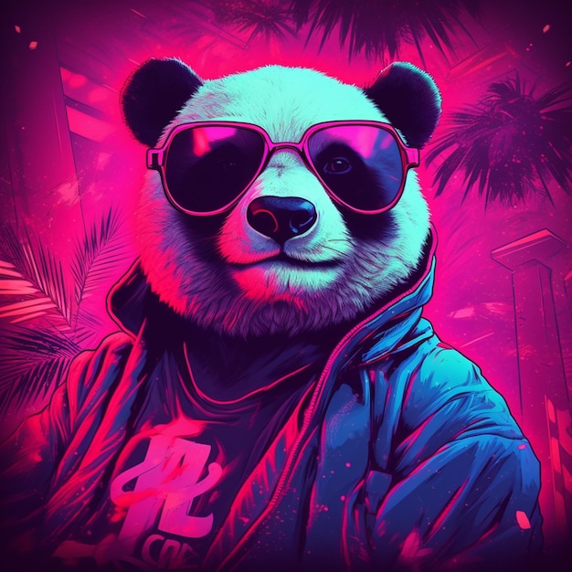 panda bear wearing sunglasses and a hoodie with palm trees in the background generative ai