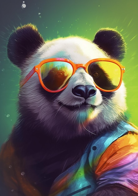パンダのクマはサングラスを着て ⁇ タイヤ染めのシャツを着ています ⁇ 
