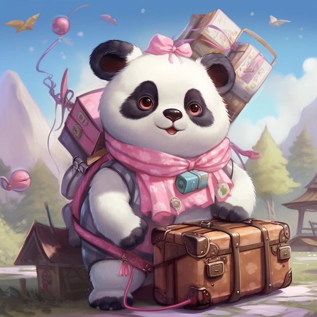 Foto orso panda con uno zaino e una valigia in un campo generativo ai