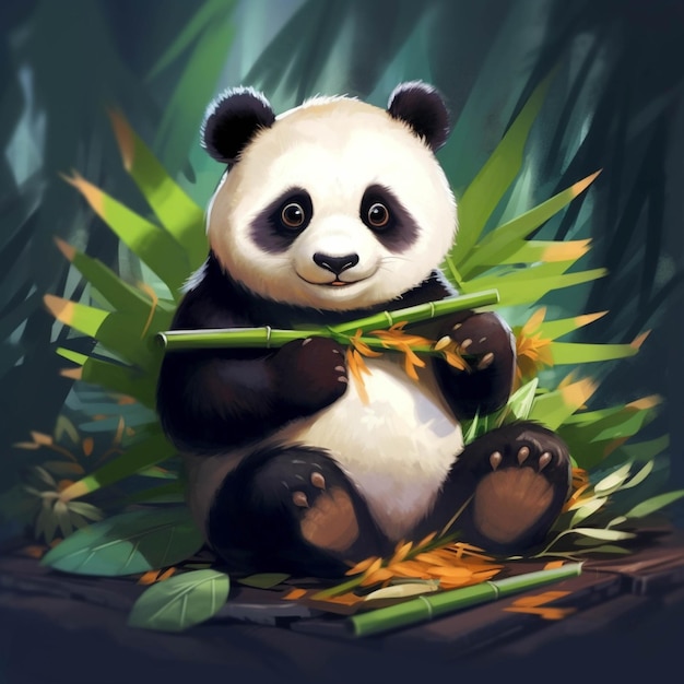 Panda bear with bamboo in bamboo leaves Cute cartoon animal