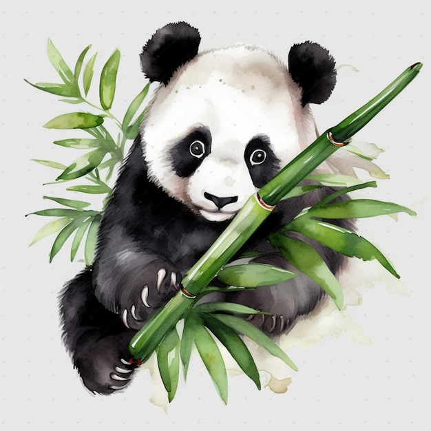 Foto orso panda con ramo di bambù nell'illustrazione dipinta a mano ai generativa