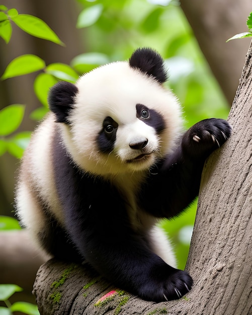 a panda bear with black eyes and black eyes