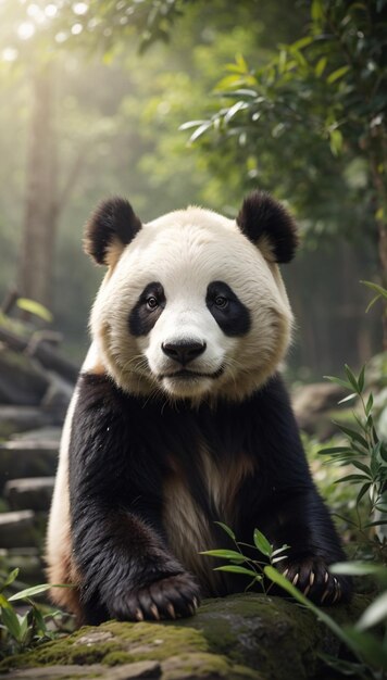 Photo a panda bear with black eyes sits in a forest.
