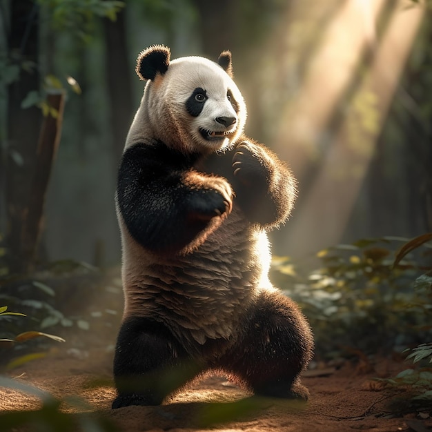 a panda bear with a black and white face and arms.