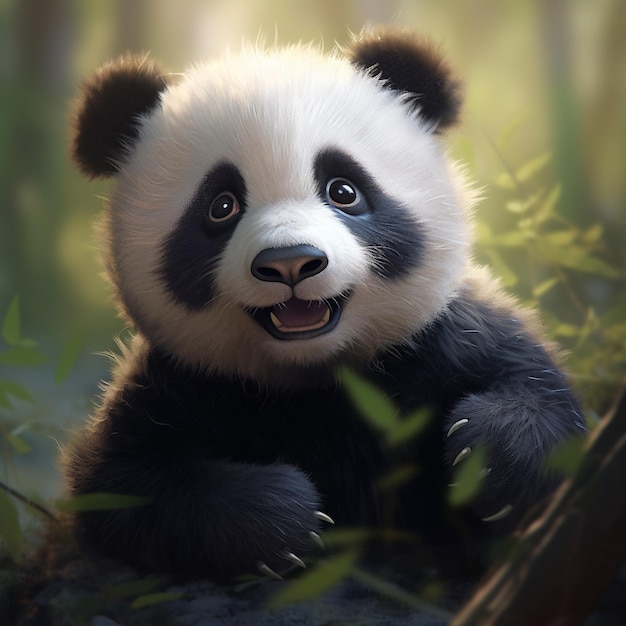 a panda bear with a black and white face and black eyes.